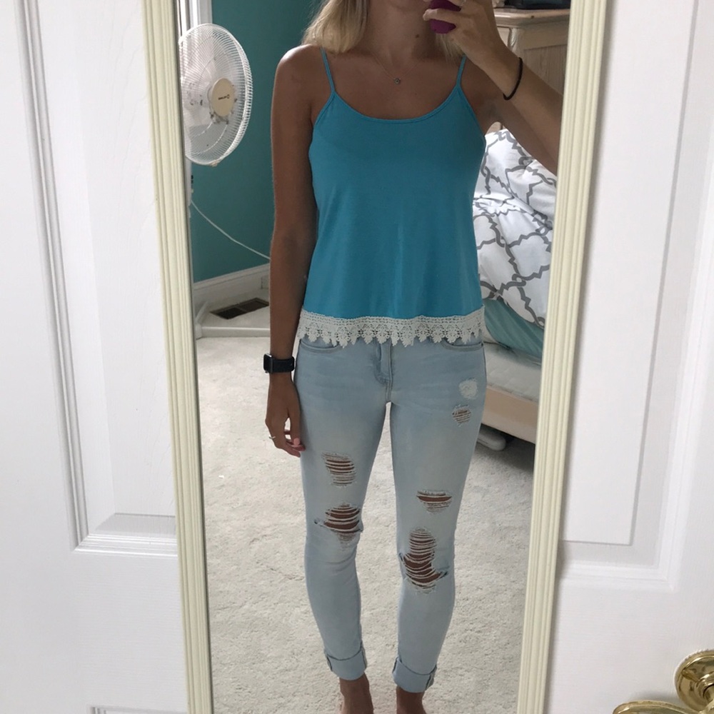 Blue tank with crochet detail